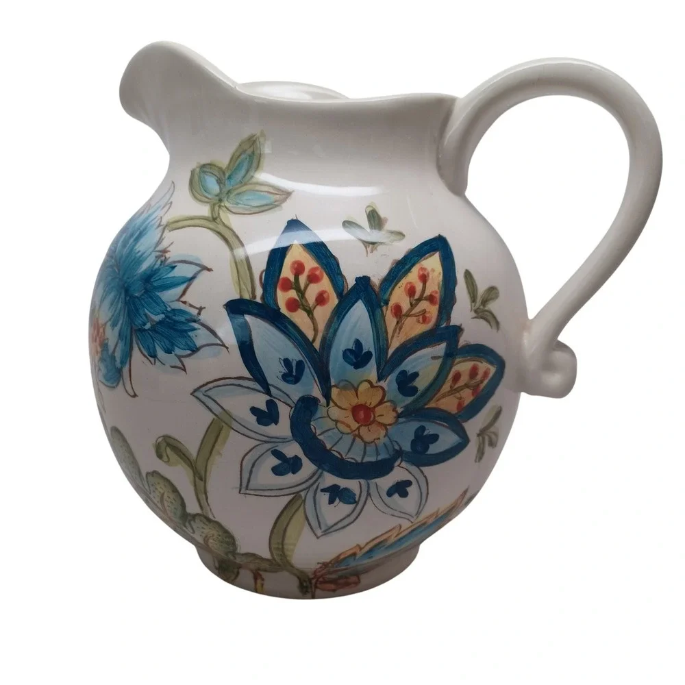 Maxcera Blue Vanilla Chintz Floral Ceramic Pitcher Hand Painted White Blue Green